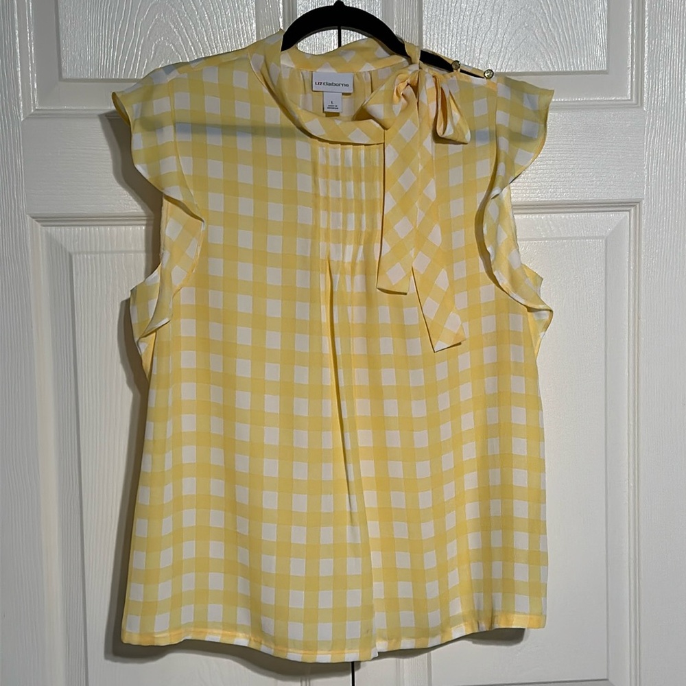 Liz Claiborne Gingham yellow blouse with side bow, size Large